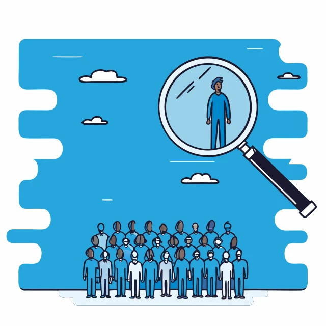 A magnifying glass held over a crowd of figures, about half revealed as hollow outlines, representing audience-authenticity auditing and fake-follower detection.