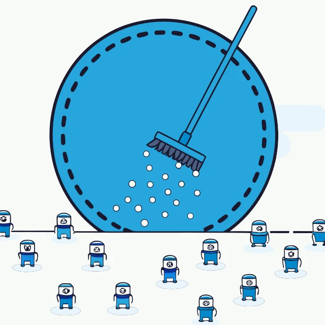 A large broom sweeping a cluster of small identical bot figures off a surface, some dissolving into scattered dots, representing Telegram's mass takedowns of manipulated accounts.