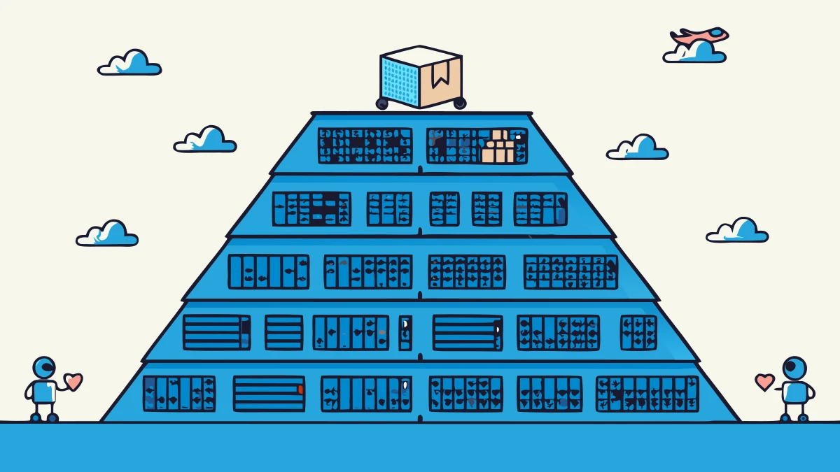 Illustration of the engagement-buying market as a layered pyramid: infrastructure at the base, storefront panels in the middle, a Telegram paper-plane at the top, with small bot figures carrying parcels of likes and views between the layers.