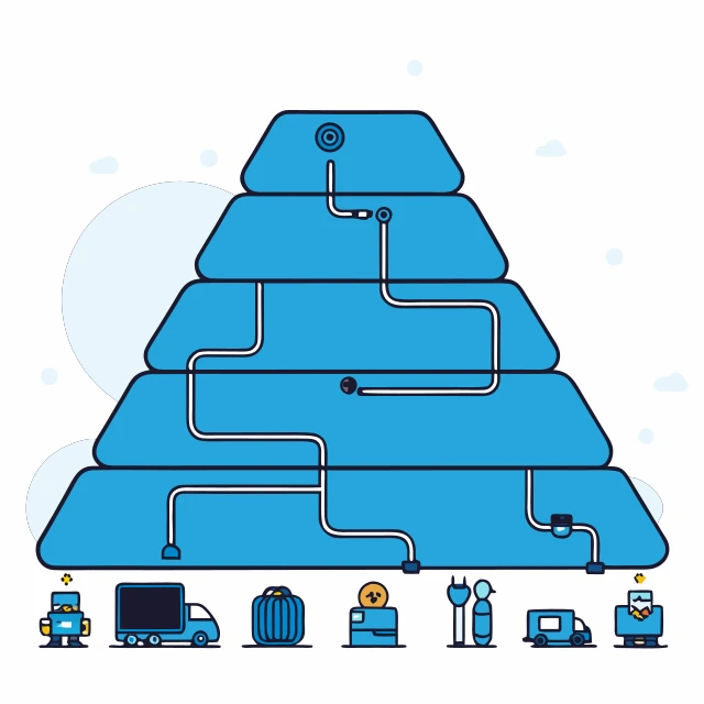 A three-tier pyramid of stacked app screens with small bot figures at the base, representing the infrastructure, wholesale and storefront layers of the SMM panel market.