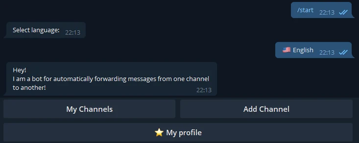 @Autosendpost_bot after /start: a language prompt, then a menu with My Channels, Add Channel and My profile.